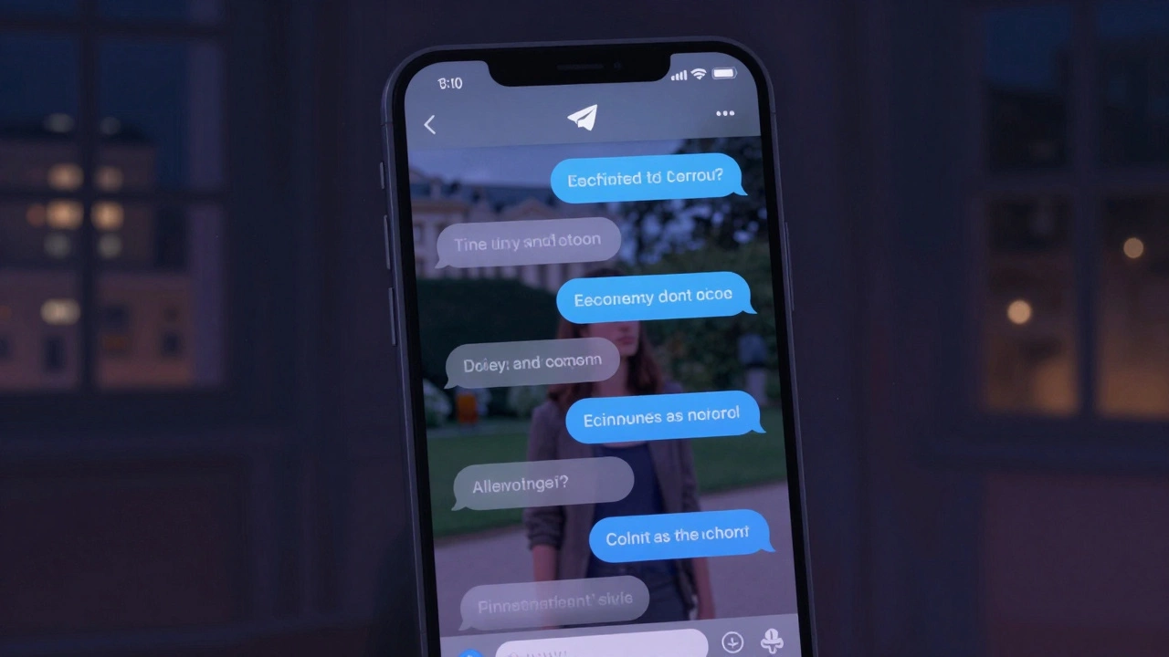 A smartphone displays an encrypted chat with a blurred photo, lit by soft blue glow in a dark room.