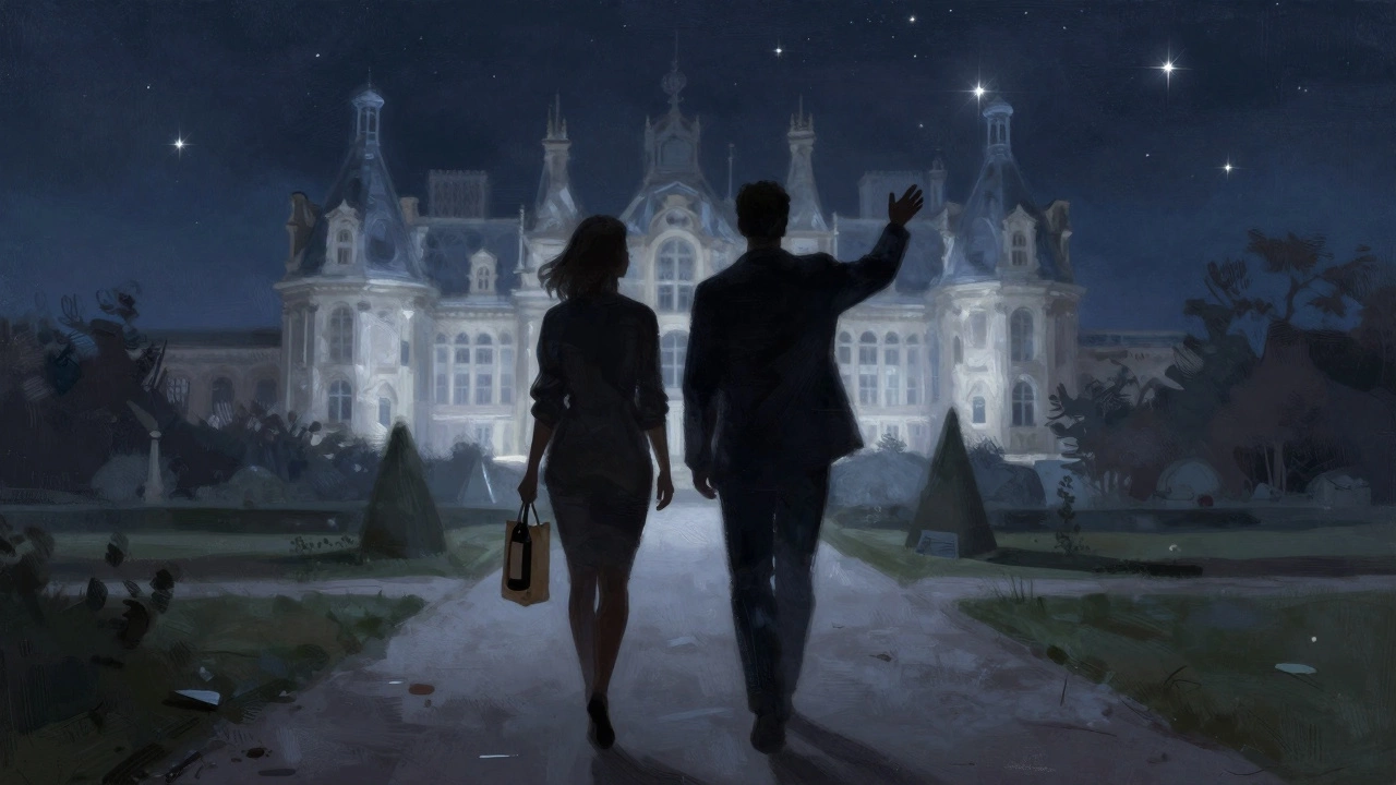 Two silhouettes walk together along a moonlit garden path, suggesting a meaningful, wordless connection.